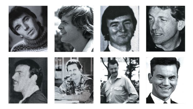 Victims … (clockwise from top left) Gilles Mattaini, Scott Johnson, Raymond Keam, John Russell, Ross Warren, Cyril Olsen, Peter Sheil and Richard Johnson.