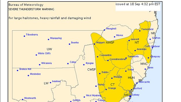 The storm warning issued by the Bureau of Meteorology shortly before 5pm today.