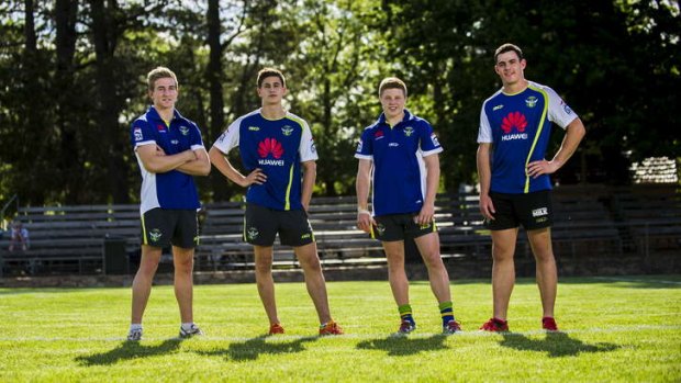 Junior Raiders, (L-R) Lachlan Croker (nephew of Jason Croker), Lachlan Lewis (nephew of Wally Lewis), Zac Woolford (son of Simon Woolford), and Morgan Boyle (son of David Boyle).