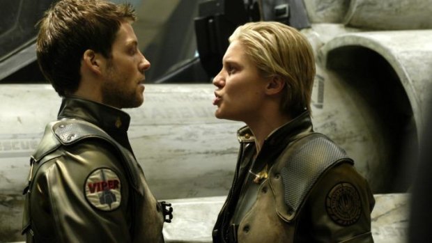 Stellar cast: Jamie Bamber as Apollo and Katee Sackoff as Starbuck in a scene from <i>Battlestar Galactica</i>.