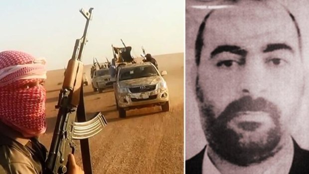 Fighters from the ISIL jihadist group  driving near Tikrit. Left, ISIL leader Abu Bakr al-Baghdadi.