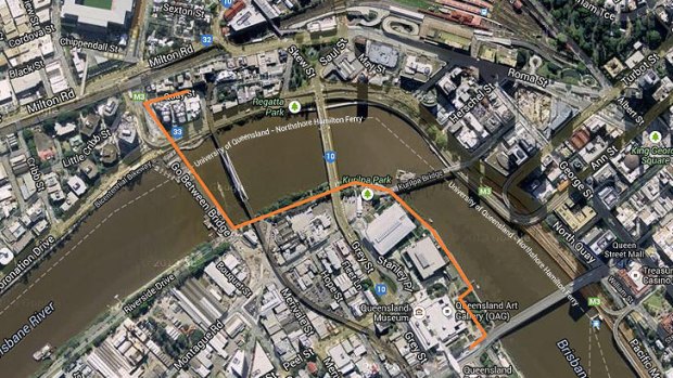 The route Sophie Collombet was taking home when she was attacked in South Brisbane.