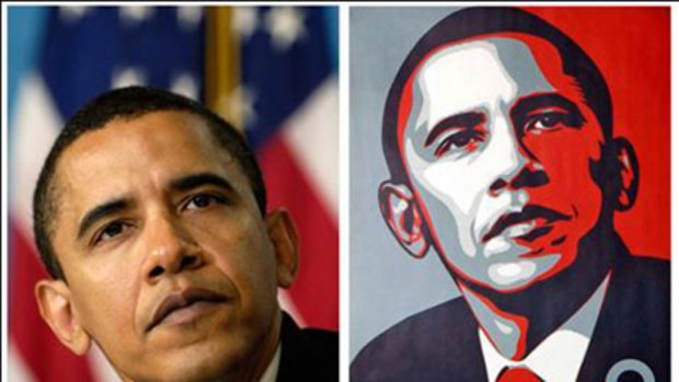 I didn't tell the truth ... a poster of President Barack Obama, right, by artist Shepard Fairey is shown for comparison with this file photo of then-Senator Barack Obama by Associated Press photographer Manny Garcia at the National Press Club in Washington and (bottom) artist Shepard Fairey signing his Barack Obama "HOPE" poster in the Echo Park area of Los Angeles.