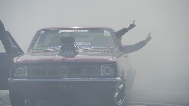 Summernats day two. Wannabe burnout masters raised hell at the eliminations on Friday. This Holden was a crowd pleaser.