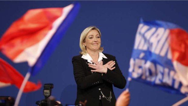 Leaning right ... Front National candidate Marine Le Pen celebrates a strong showing in the first round of the French presidential election.