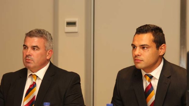 Plan B &#8230; Broncos official Andrew Gee and forward Ben Te'o front the NRL judiciary last night.