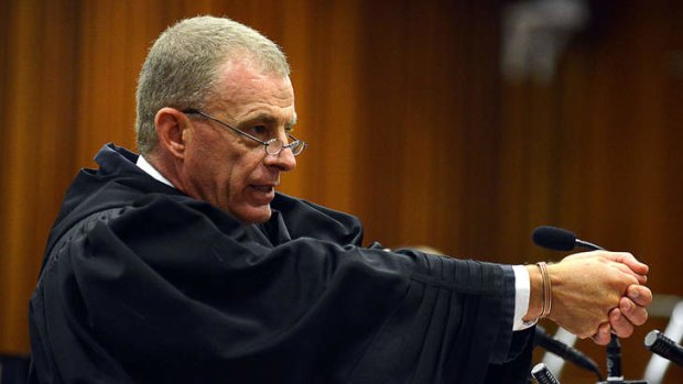 Chief prosecutor Gerrie Nel gestures as he cross examines Oscar Pistorius on Monday.