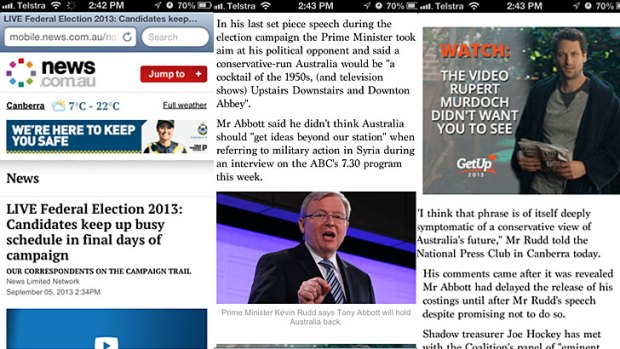 GetUp's anti-Rupert Murdoch ad (far right) appears on the mobile site of news.com.au, which is owned by the media mogul.