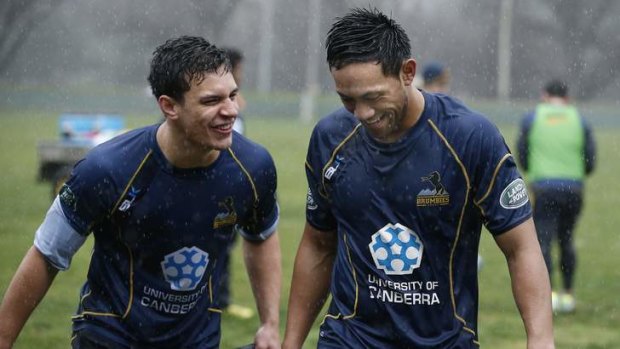 ACT Brumbies players Matt Toomua and Christian Lealiifano after a wet and wild training at Brumbies HQ.