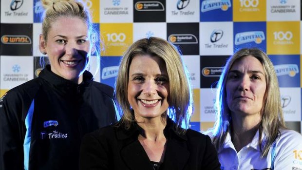 Kristina Keneally,  centre, pictured here with basketballer Lauren Jackson and Canberra Capitals coach Carrie Graf.