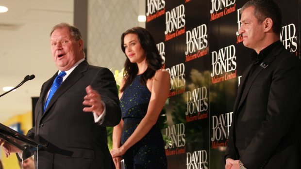 Melbourne Lord mayor Robert Doyle, left, with DJs ambassador Megan Gale and CEO Paul Zahra at the launch of the department store's smaller Malvern site in September.
