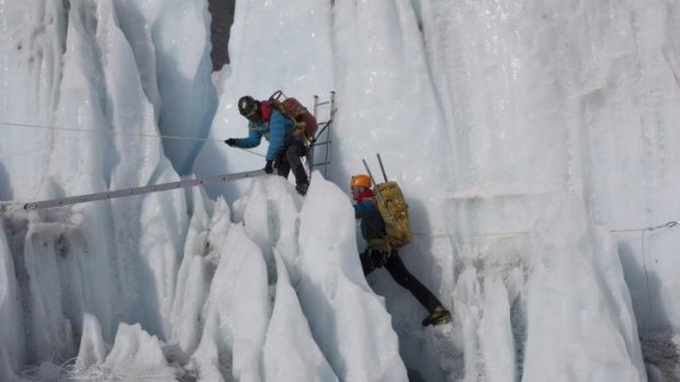 Sherpas training in the Khumbu ice fall in the film <i>Sherpa</i>. 