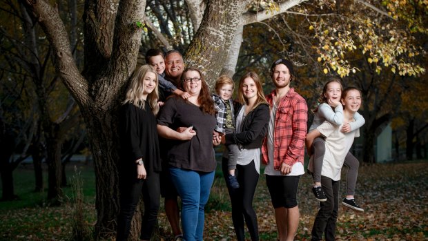 Canberra mum Fiona Lester with husband James and their family (l-r) Abby Fitzgerald, Eddie Lester,  Taylem Riley, Merinda Lester, Merinda's partner Tom Riley, Matilda Lester and  Olivia Lester. 