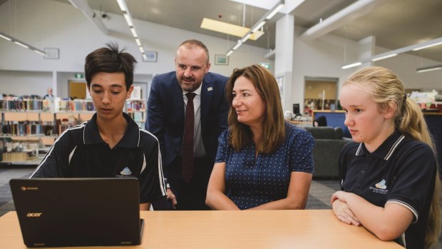 ACT Chief Minister Andrew Barr and Education Minister Yvette Berry at Kingsford Smith School for the rollout of Chromebook devices for their secondary school students. 