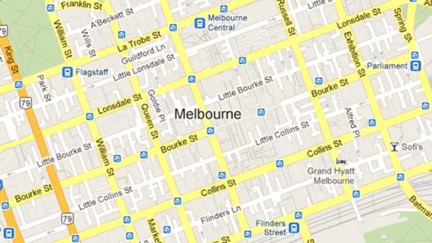 Swanston Street appears to be missing from Google Maps until you zoom in more closely.