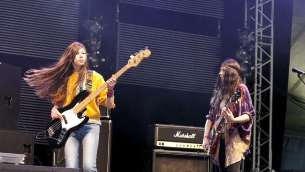 Stonefield's Holly, 13, (left) and Hannah, 18, play on stage at the festival's John Peel tent.
