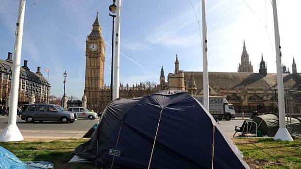 Anti-war squatters installed washed-out tents opposite Westminster Abbey and will have the perfect view of the wedding of Prince William and Kate Middleton.