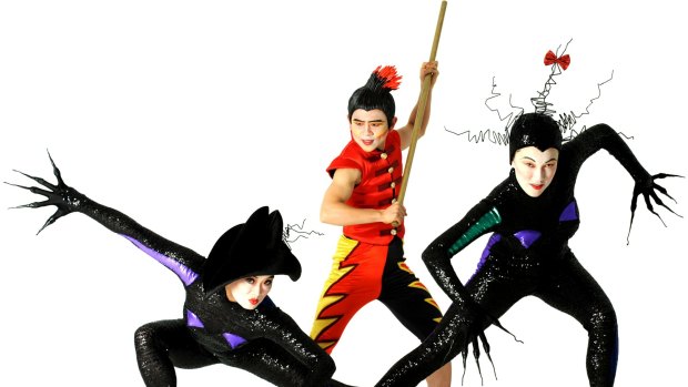 Aljin Abella, as Monkey, and Lia Reutens and Ivy Mak as Spider Spirits in <i>Monkey ... Journey to the West</i> at Canberra Theatre.