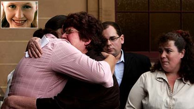 Leanne Edwards, left,  the sister of Kylie Labouhchardiere, inset,  hugs her mother Carol Edwards after the sentencing.