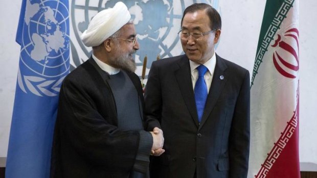 United Nations Secretary-General Ban Ki-moon greets Iran's President Hassan Rohani during the UN General Assembly in  September 2013.