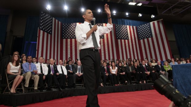 Tightrope ... Barack Obama speaks at the University of Tampa, Florida, this week.