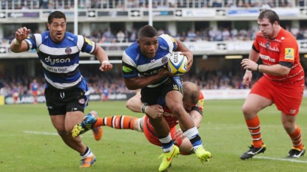 Bath time: Kyle Eastmond cuts the Leicester defence to shreds to score a try for Bath.