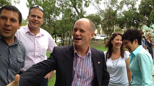 An upbeat Campbell Newman on the LNP campaign trail this morning.