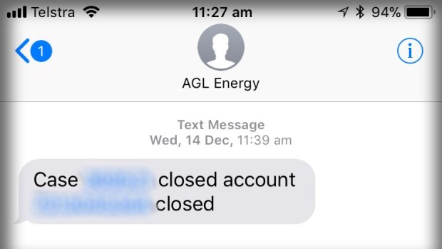 A text from AGL Energy confirming Ms Gering's account had been closed and the  case resolved.