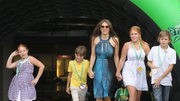 Mummy wars ... Elizabeth Hurley with son Damian, in yellow, and Shane Warne's children, from left, Summer, Brooke and Jackson.