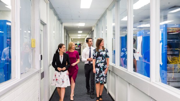 Nine's new Canberra news anchor Vanessa O'Hanlon (second from left) toured the Canberra station at Watson on Thursday.