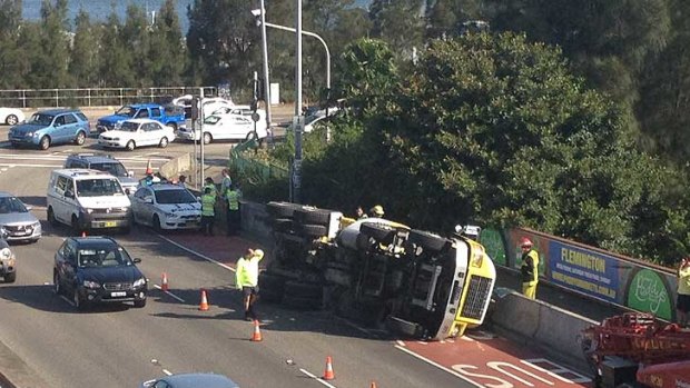 Rolled at Rozelle ... the accident causing tailbacks on the Anzac Bridge.