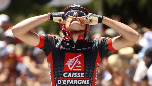 Line honours ... Luis Leon Sanchez of Spain celebrates winning stage five of the Tour Down Under yesterday.