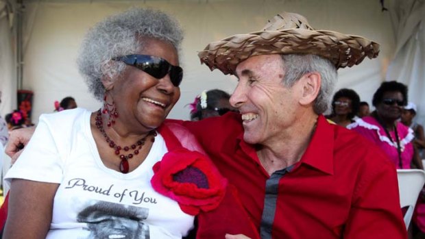 Eddie Mabo's wife, Bonita, with solicitor Greg McIntryre at yesterday's 20th anniversary celebrations in TOwnsville of the historic land rights decision.