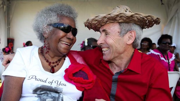 Eddie Mabo's wife, Bonita, with solicitor Greg McIntryre at yesterday's 20th anniversary celebrations in TOwnsville of the historic land rights decision.