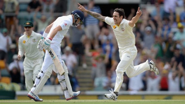 Jumping for joy: Mitchell Johnson, never out of the game, celebrates the dismissal of England batsman Michael Carberry on day two at the Gabba.