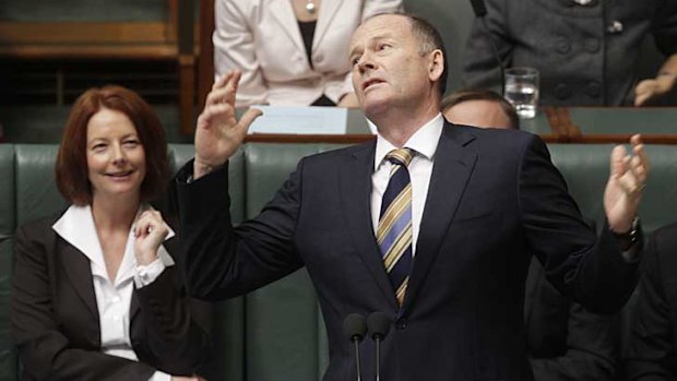 Lindsay Tanner acting up for the media during Question Time last year.