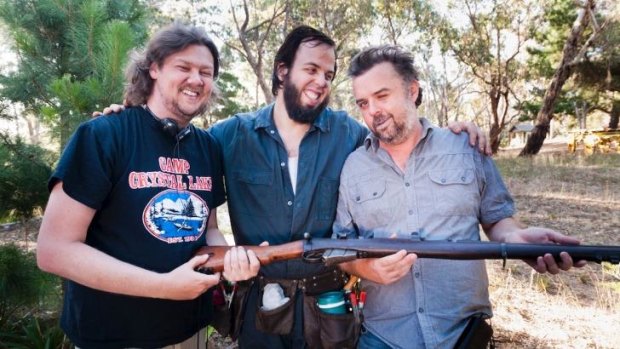 The Cairnes brothers with Angus Sampson on the set of <I>100 Bloody Acres</I>.
