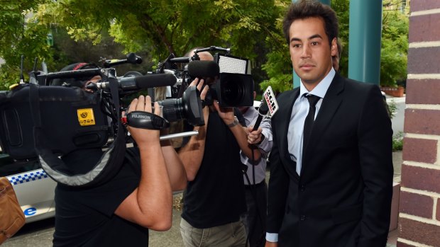 Former professional tennis player Nick Lindahl arrives at Burwood Local Court on Monday.