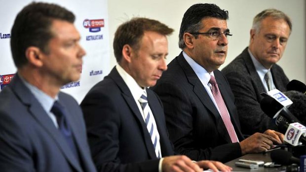 AFL drugs press conference: AFL Club CEO rep Gary Pert, AFLPA CEO Matt Finnis, CEO Andrew Demetriou and AFL medical director Dr Peter Harcourt.