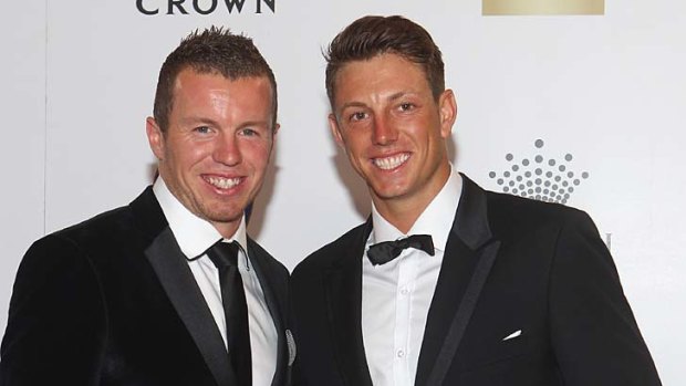 James Pattinson (right) with Peter Siddle at the Allan Border Medal ceremony on Monday.