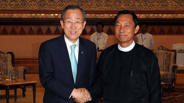 Myanmar Lower House Speaker Thura Shwe Mann (right) shakes hands with UN Secretary General Ban Ki-moon.