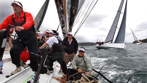 Turbulent conditions ...  the crew on board Lahana manoeuvre the 98-foot yacht minutes after the start of the annual  Big Boat Challenge. Lahana finished more than nine minutes behind Wild Oats XI.