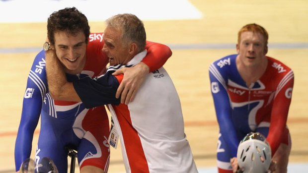 Great Britain's Geraint Thomas celebrates his team's win in the men's team pursuit at the World Cycling Championships that started in Melbourne yesterday.