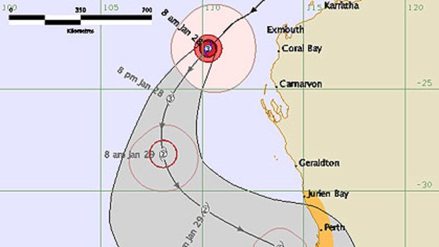 A model from the Bureau of Meteorology showing the predicted path of Cyclone Bianca towards Bunbury.