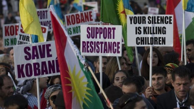 Kurds and their supporters demonstrate over the fate of the town of Kobane in London's Trafalgar Square on Saturday. The latest Islamist advances in Syria and Iraq have renewed questions over the US-led coalition's focus on Kobane.