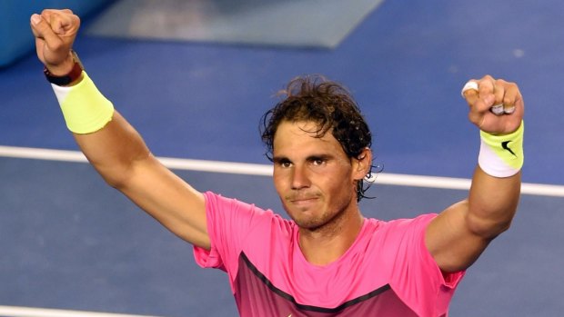 Relief: Rafael Nadal celebrates winning his men's singles match against Tim Smyczek.