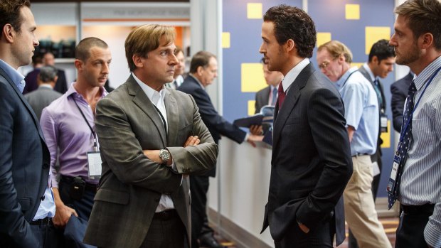 Left to right: Steve Carell plays Mark Baum and Ryan Gosling plays Jared Vennett in The Big Short.