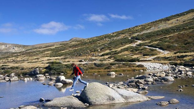 Higher calling ... a hiker crosses Snowy River.