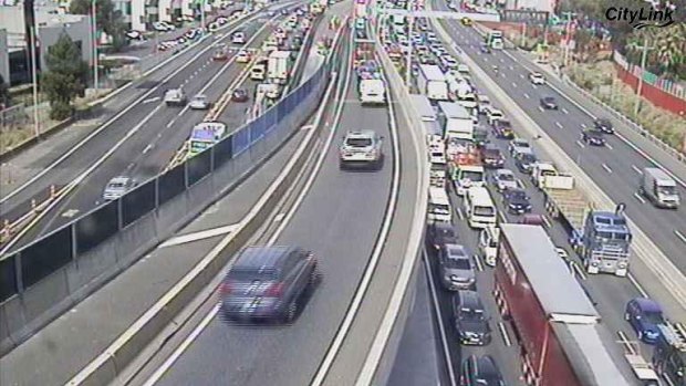 Traffic snarls stretch back towards the Domain Tunnel after a crash on the West Gate Bridge. 