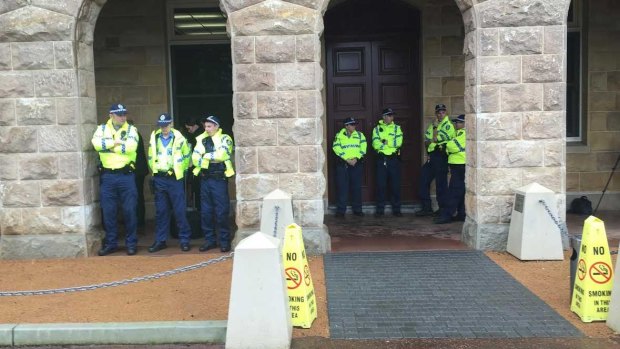 A police presence outside Stirling Gardens Magistrates Court on Wednesday.